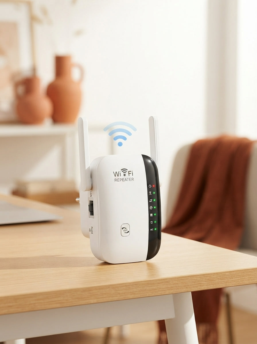 A compact white Wi-Fi repeater with two antennas plugged into a wall outlet in a bright, modern home office.